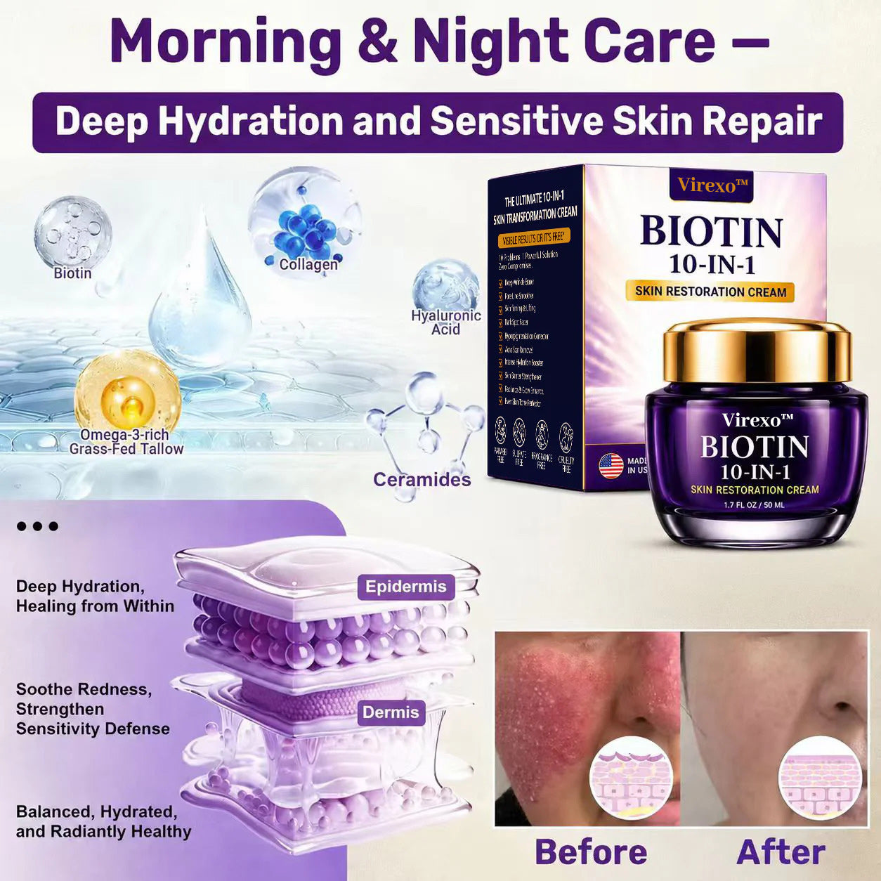 Made and Shipped from USA Virexo™ Biotin 10-in-1 Skin Restoration Cream