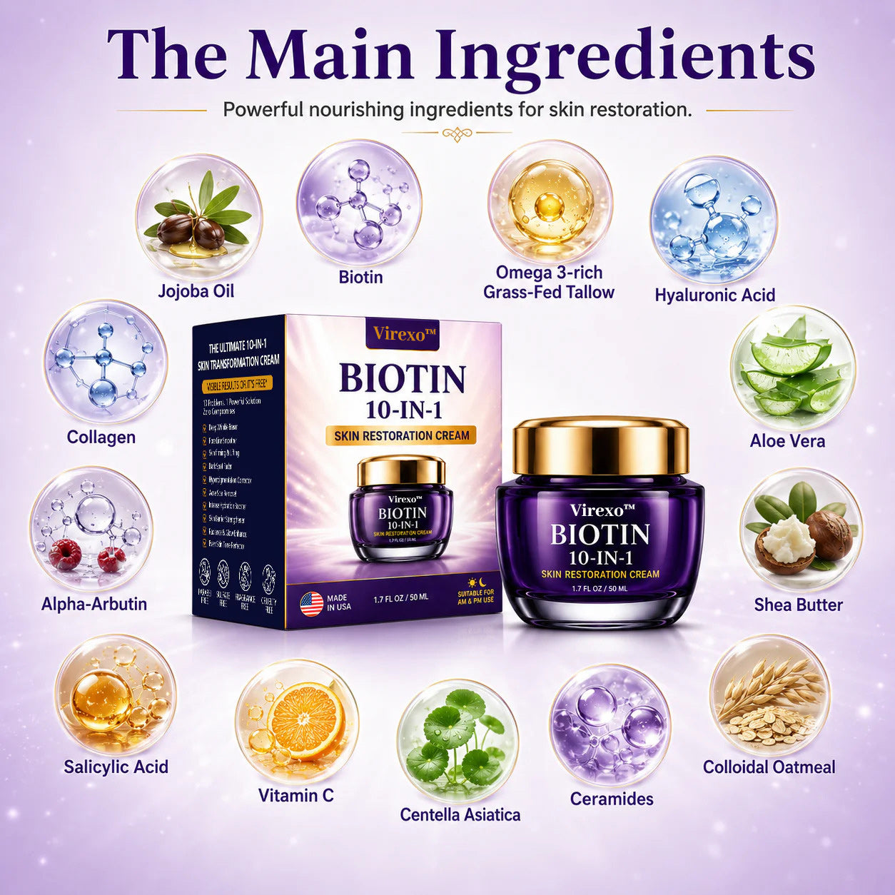 Made and Shipped from USA Virexo™ Biotin 10-in-1 Skin Restoration Cream