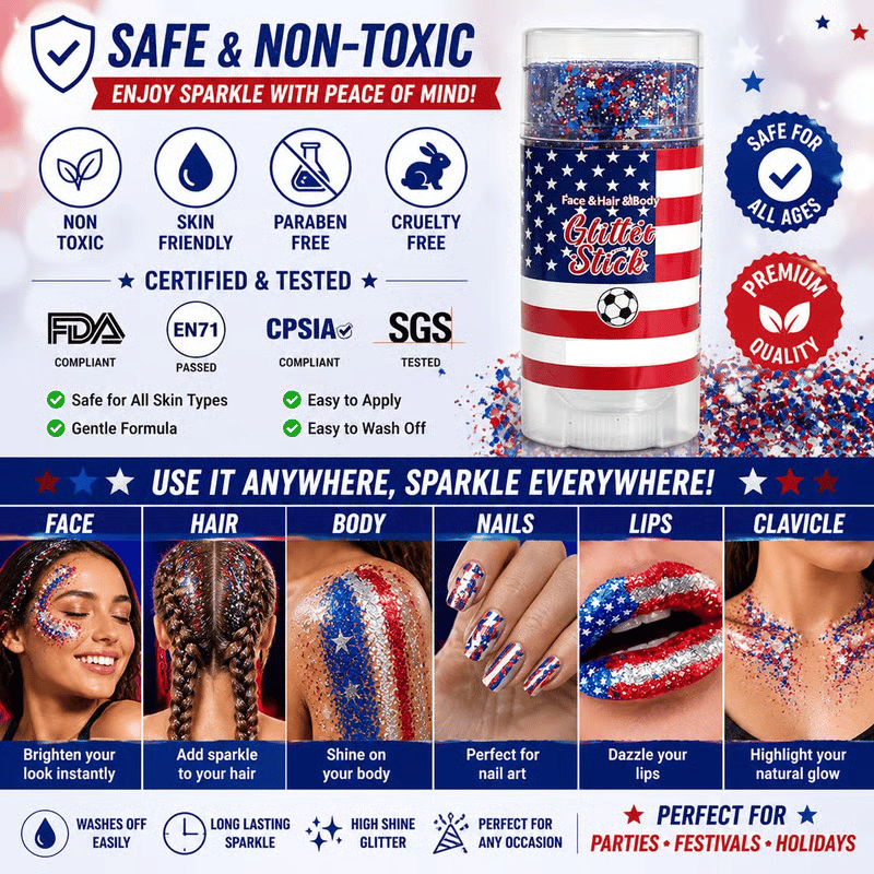 🇺🇸 Patriotic Glitter Stick ✨ – Red ❤️ White 🤍 & Blue 💙 Sparkle for Hair 💇 Face 🌟 & Body 🎆🦅