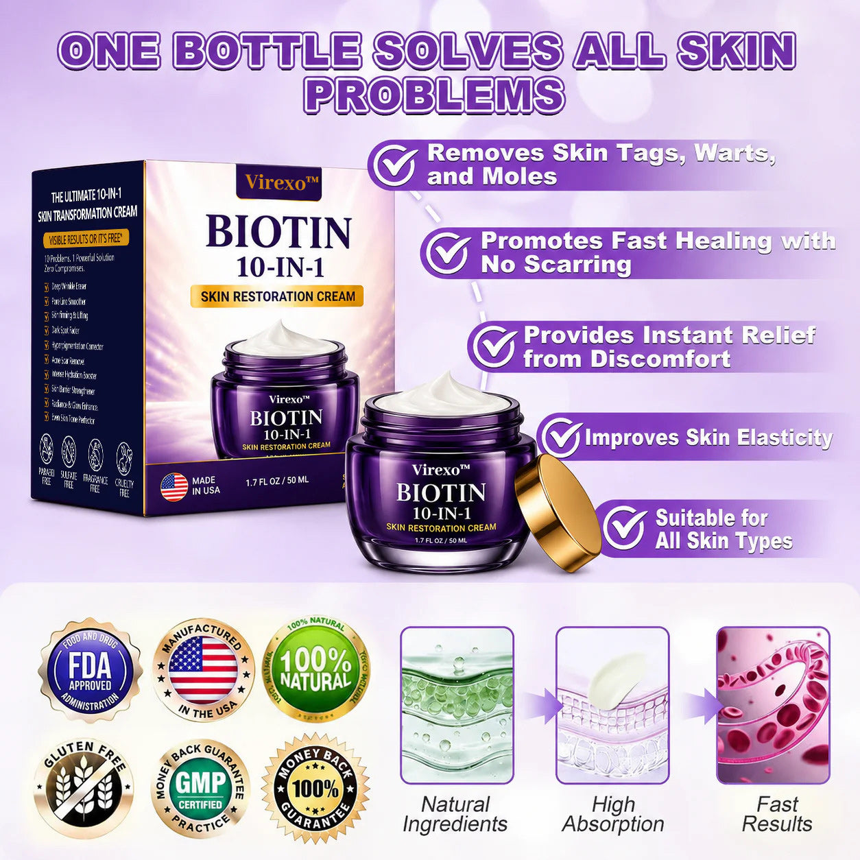 Made and Shipped from USA Virexo™ Biotin 10-in-1 Skin Restoration Cream