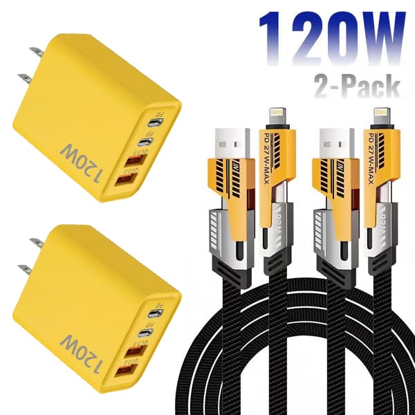 🔥Portable Fast Charger, Type C/USB A Dual Ports Adapter,4 in 1 Fast Charging Cable & Data Sync