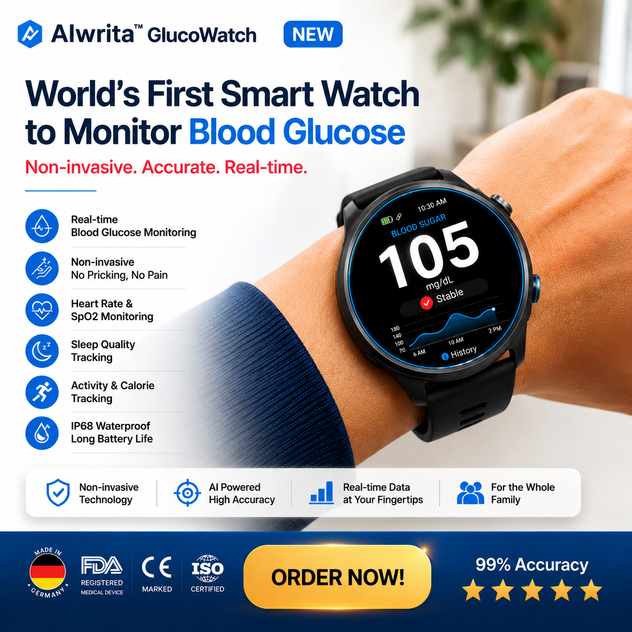 🎉 75% OFF Launch Offer🏆Alwrita™ GlucoWatch  99.13% Accuracy • Non-Invasive Technology
