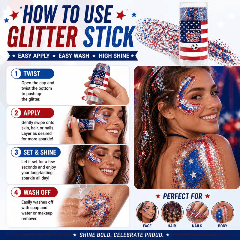 🇺🇸 Patriotic Glitter Stick ✨ – Red ❤️ White 🤍 & Blue 💙 Sparkle for Hair 💇 Face 🌟 & Body 🎆🦅