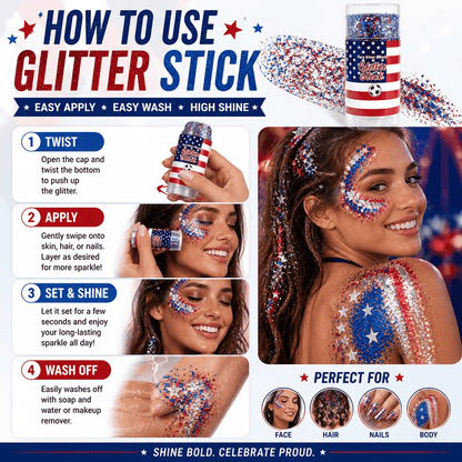 🇺🇸 Patriotic Glitter Stick ✨ – Red ❤️ White 🤍 & Blue 💙 Sparkle for Hair 💇 Face 🌟 & Body 🎆🦅